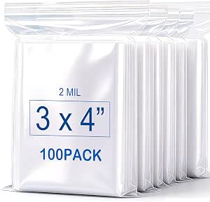 3'' x 4'' (Pack of 100) 2 Mil Thick Clear Reclosable Small Zip Plastic Poly Bags