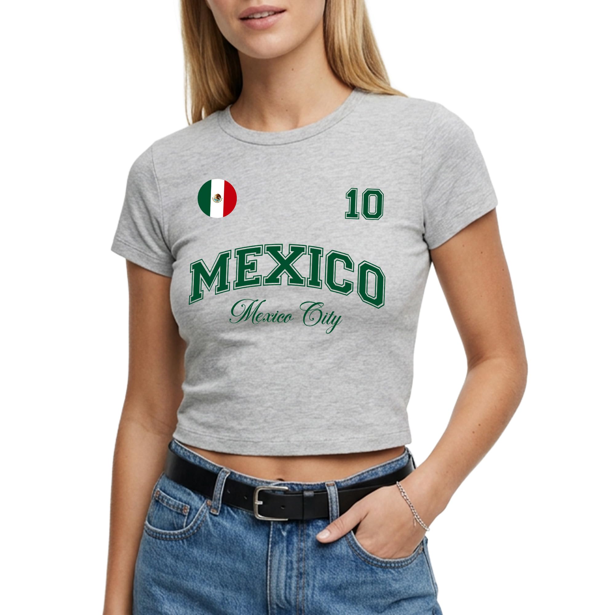 Mexico Womens Baby Tee Custom City Mexican Name Number Badge Short Top Ladies Football Tshirt Fan Gift, M, Sport Grey