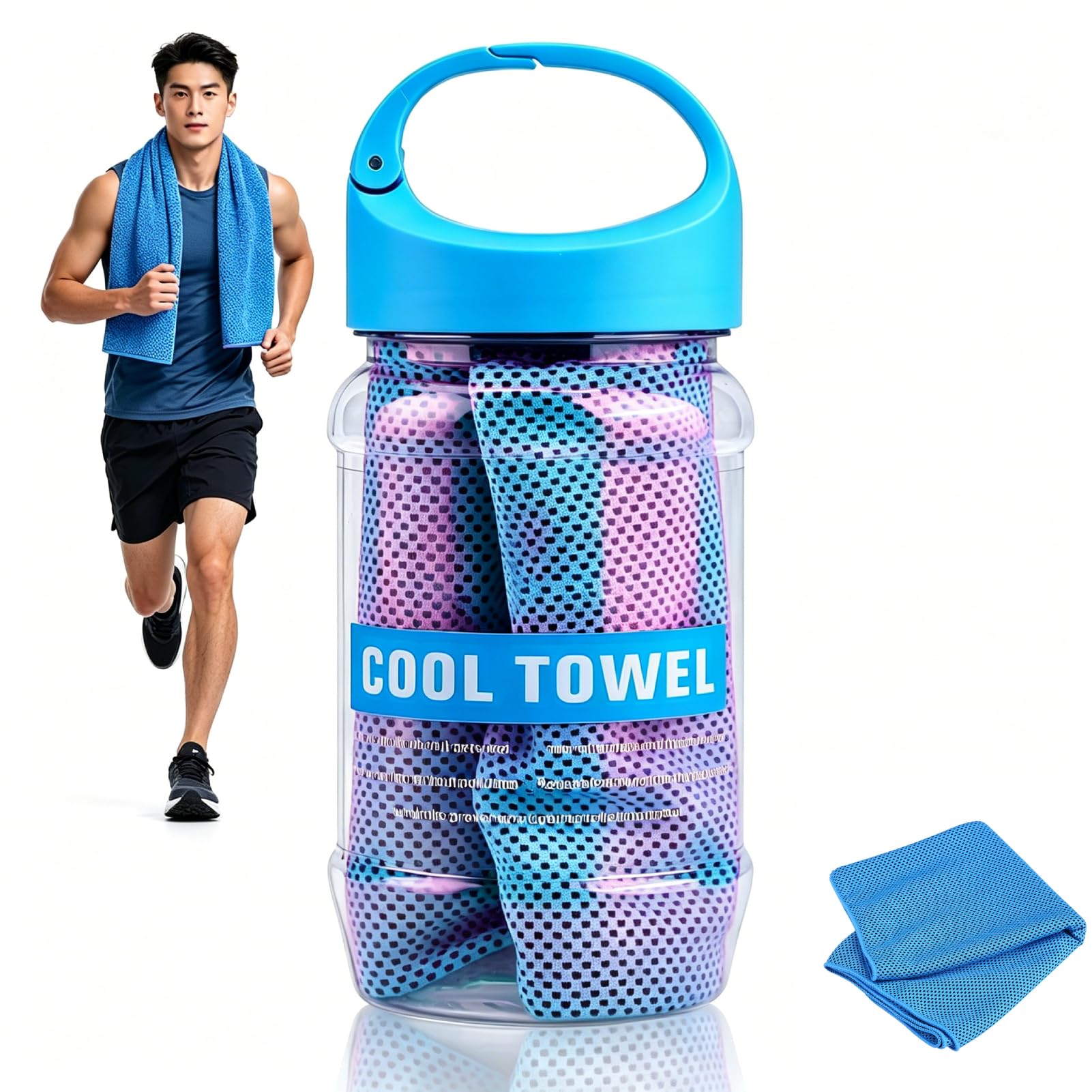 Jwthee Cooling Towels, 40 x 12 Inch Reusable Ice Towel with Storage Bottle Quick Dry Polyester Cooling Neck Wraps, Soft Breathable Chilly Towel for Yoga Gym Running Camping Sports,Light Blue