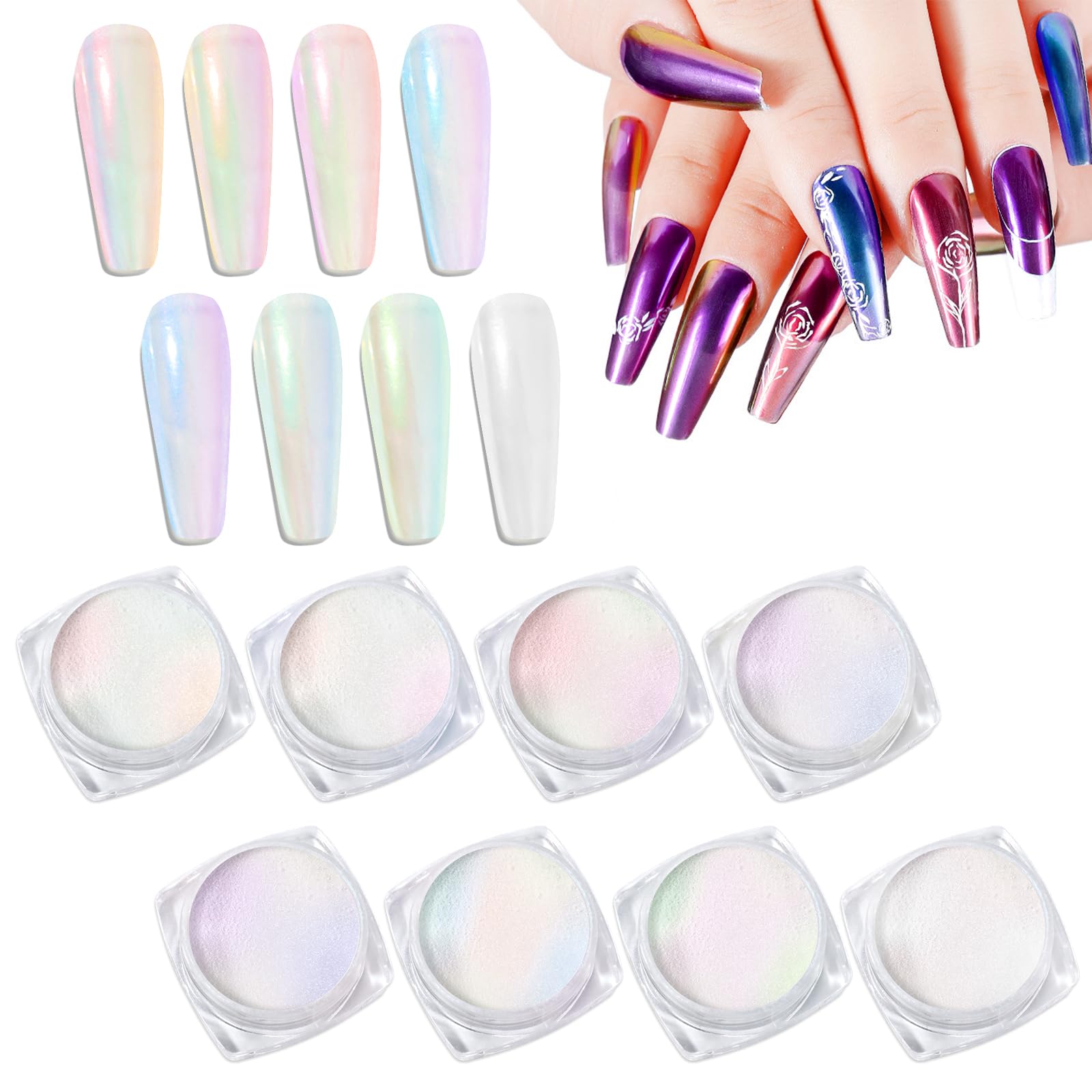 Laza Chameleon Pearl Chrome Nail Powder, 8 Colors Glazed Donut Metallic Mirror Effect Pigment, Iridescent Aurora Nail Glitter Holographic Dust Kit for