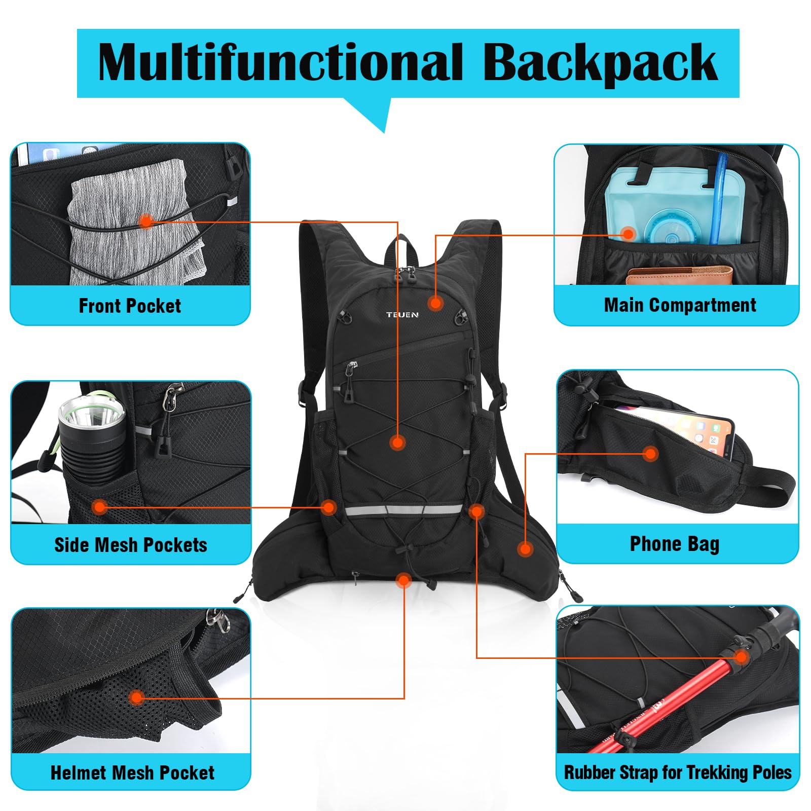 TEUEN Sac à Dos VTT Grande Capacité 10L, Équipé Sac Hydratation (Poche à Eau 2L Reservoir) Sac de Vélo Alpinisme Montagne Sport Course Camping, Sac Trail Running pour Marathon Randonnée