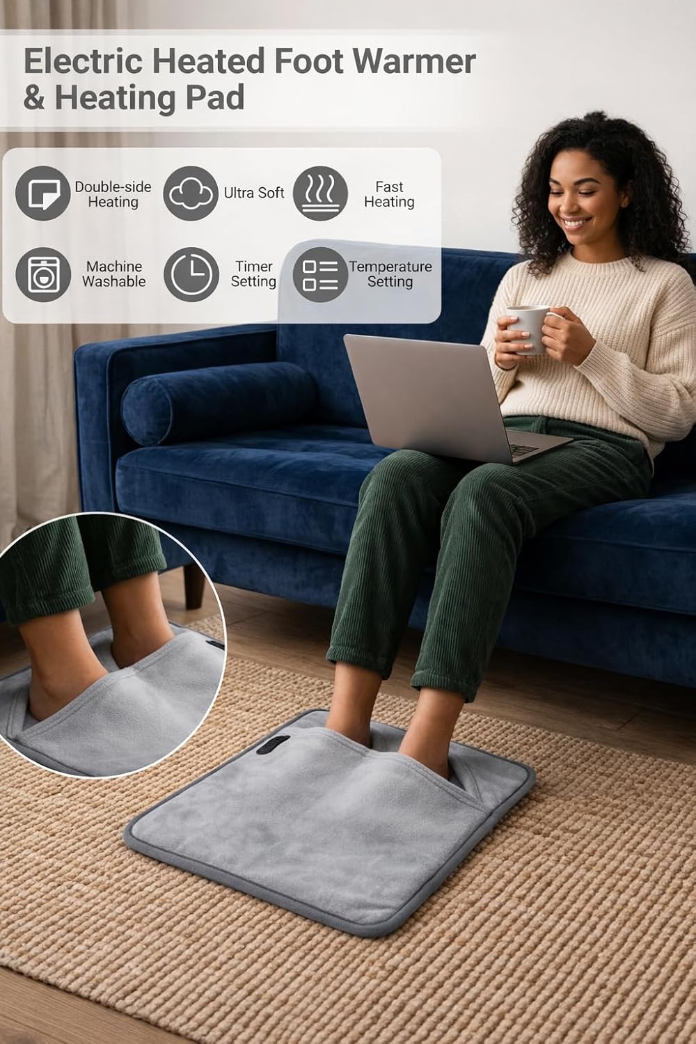 Electric Heated Foot Warmer Double-Side Heating Pads for Women Men Under Desk/Sofa/Bed/Office/Hands/Outdoor/Indoor,Portable|USB Gray(NOT Included Battery)
