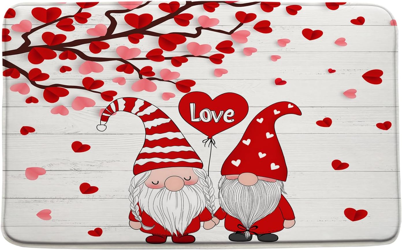 Valentines Gnome Bath Mat Valentine's Day Red Pink Heart Tree Branches Rustic Bathroom Bathtub Floor Area Rugs Doormat Toilet Decor(24x47 in)