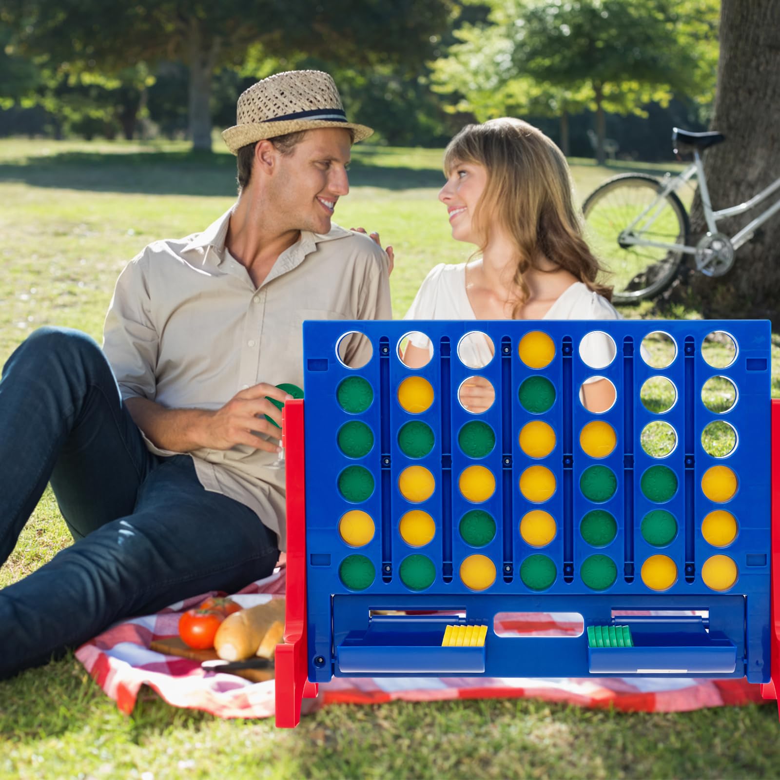 GYMAX Jeu géant quatre dans une rangée, jeu mural de 4 points pour marquer avec sac de transport et 42 échecs, pour intérieur et extérieur Connect 4 jeux familiaux pour enfants et adultes (rouge +