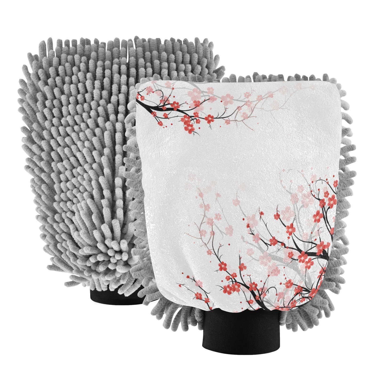 ALAZA Red Cherry Blossom Flowers Floral Car Wash Mitt Scratch Free, 2 Pack Absorbent Microfiber/Chenille Washing & Drying Mitts, M