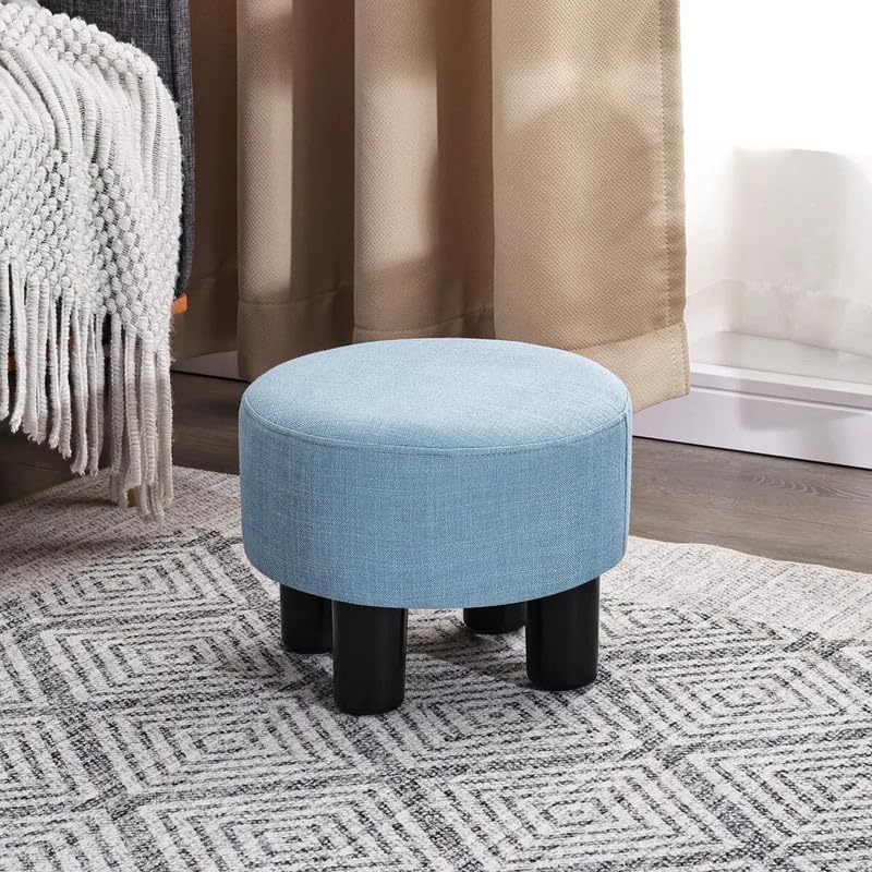 Image of Flannel Small Footstool Puffy Round Ottoman for Footrest, Modern Rectangle Step Stool Extra Seating with Non-Skid Plastic Legs for Living Room, Couch, Entryway Color Light Blue
