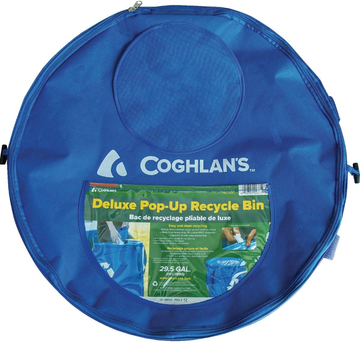 Coghlan's Deluxe Durable Pop-Up Recycling Can – Collapsible Bin with Zippered Lid, Bag Clips, and Anchoring Points for Camping, Home, and Outdoor Use – 29.5 Gallon