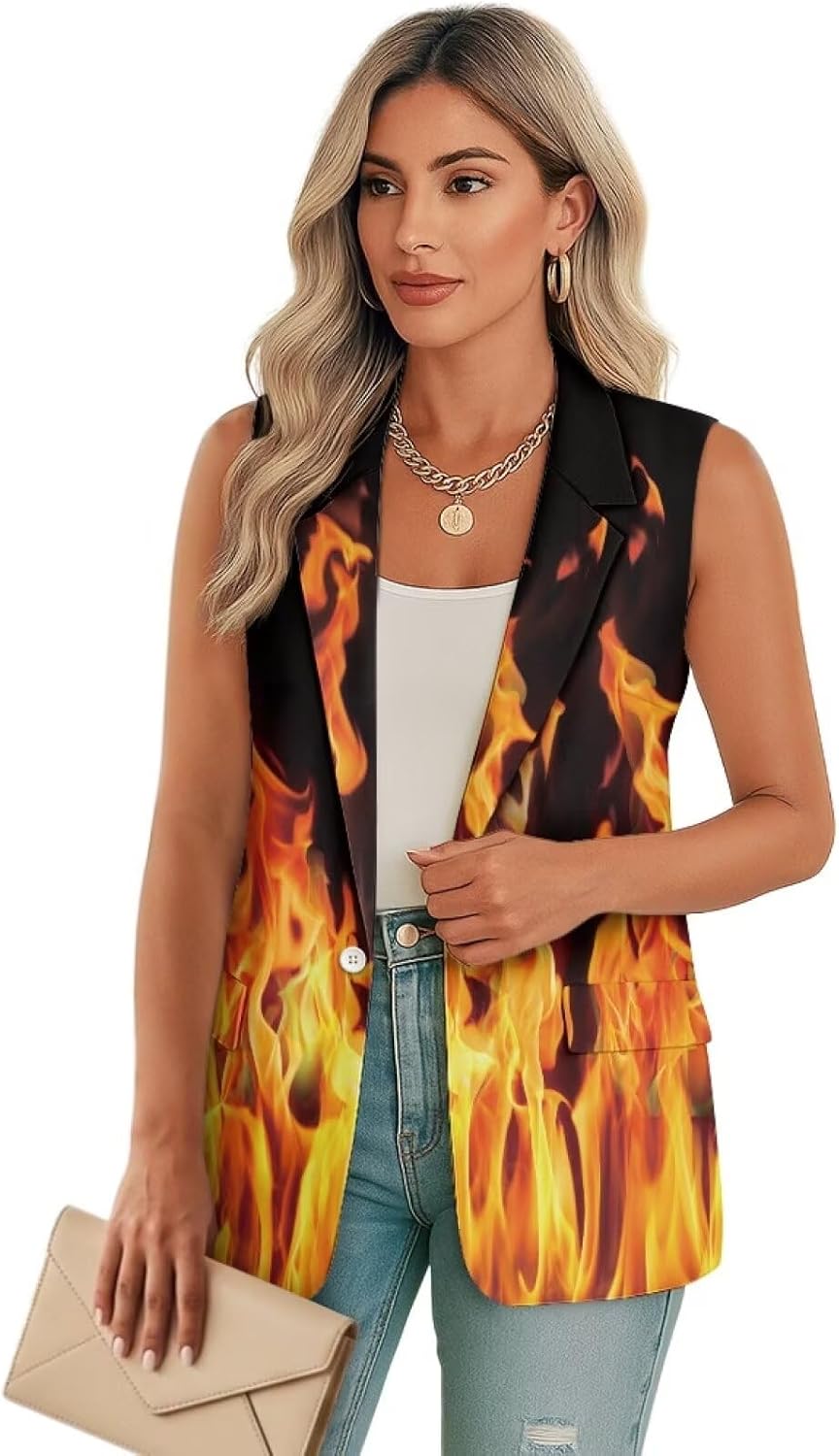 Women's Sleeveless Blazer Vest Casual Open Front Single Button Suit Jacket Work Office Suit Vests Tops with Pockets