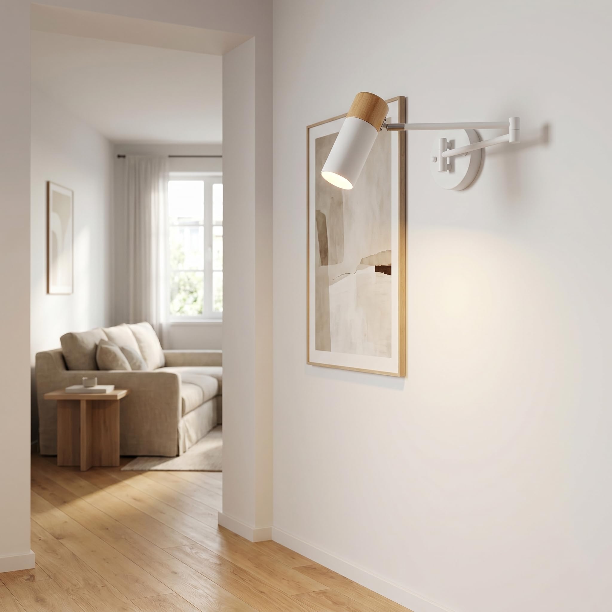 BARCELONA LED Applique Murale Extensible LOGAN Bois et Métal Blanc Style Nordique Moderne Vintage Industriel Bras Articulé Tête Rotative 360° Douille E27 G45 Lampe de Lecture Chambre Salon Intérieur