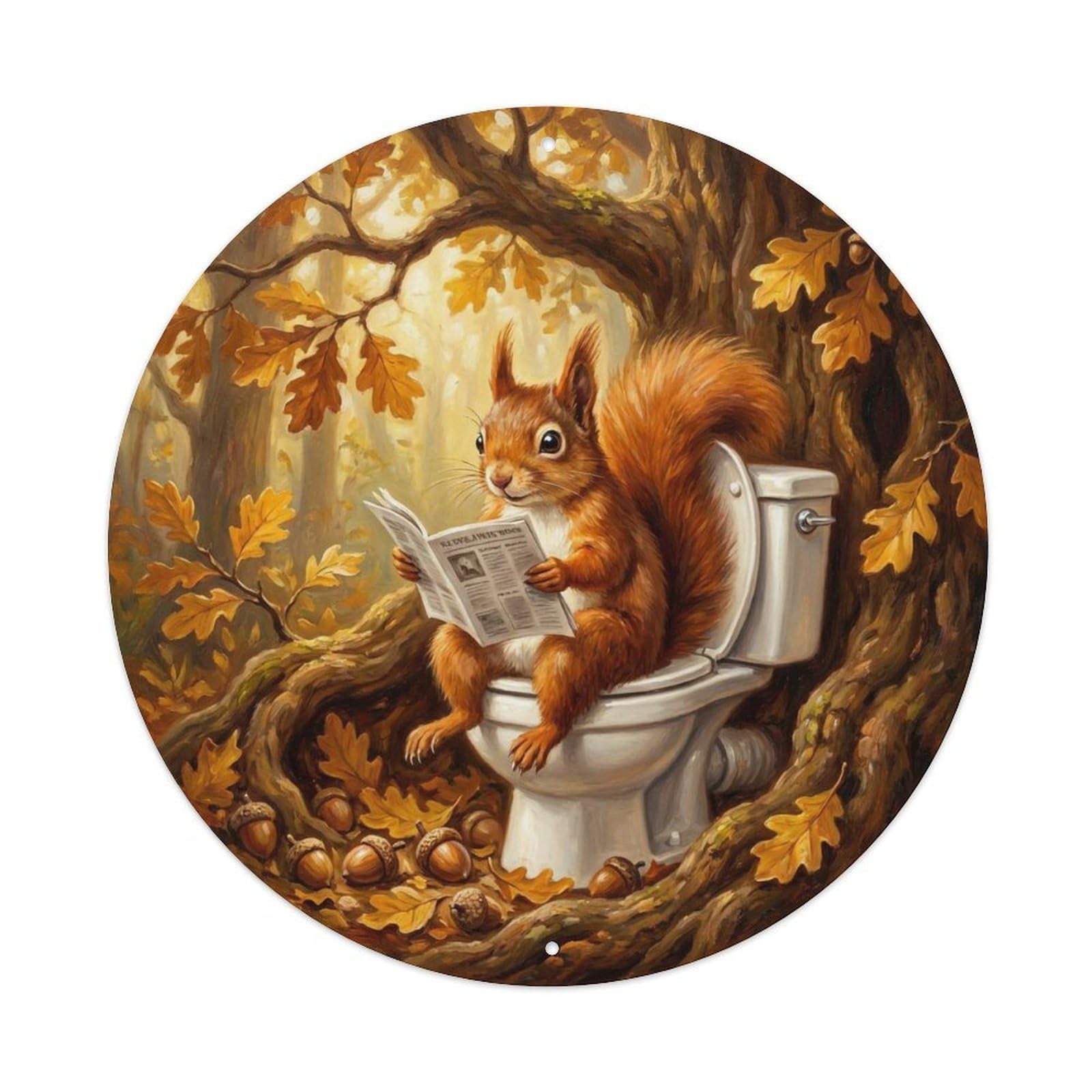 Squirrel On Toilet Humorous Bathroom Acorn Tree Nook Metal Tin Sign
