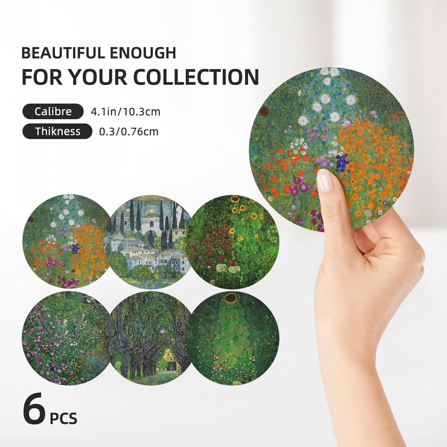 ADPON Absorbent Ceramic Coasters for Drinks with Cork Base Art Coasters Set of 6 - Use 6 Famous Paintings, Unique Housewarming Gifts for Home Decorative (Gustav Klimt - Garden) image 3