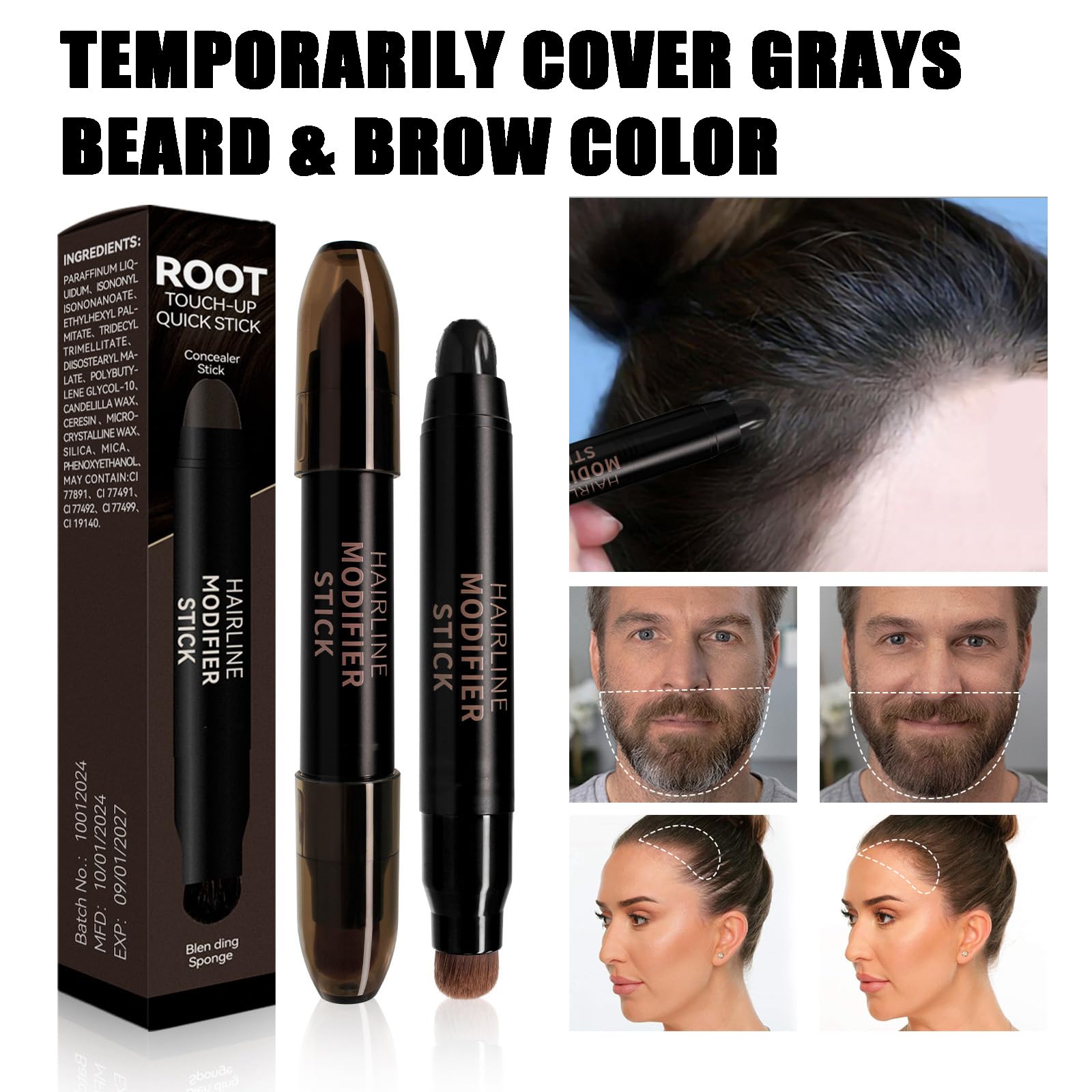 Dual-Ended Root Touch Up Stick, Double Head Root Touch Up, Instant Grey Coverage & Hairline Cover Up - Image 4