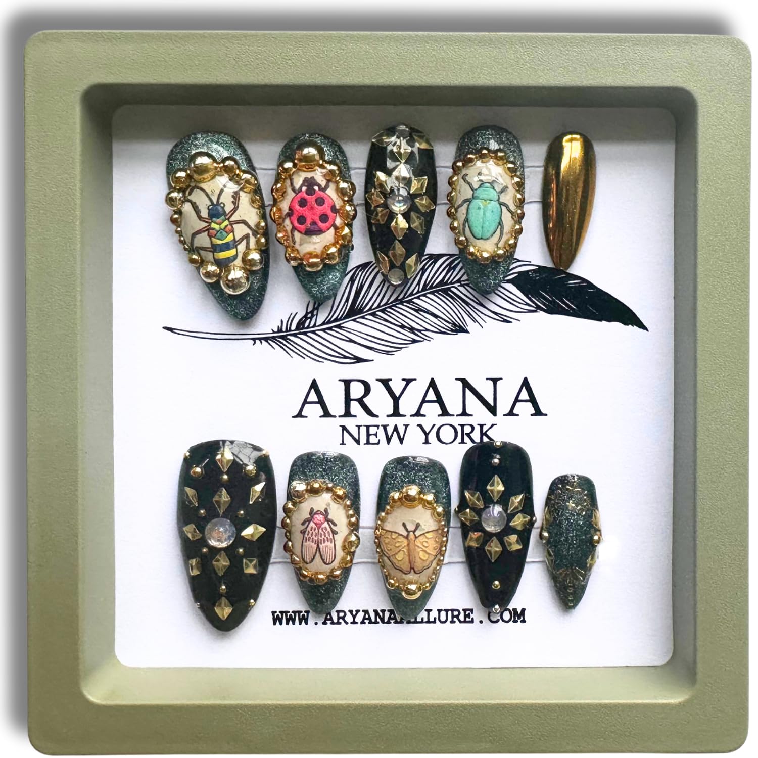 ARYANA NEW YORK Handmade Press-On Nails – Medium Almond, 3D Crystal Luxury Design, False Tips for Women – Love Bugs Collection (Medium)