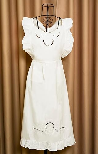 Miniatura 2 de Minhcraft Delantal de algodón blanco con bordado de flores hermosas volantes de longitud completa babero delantal de las mujeres, Blanco