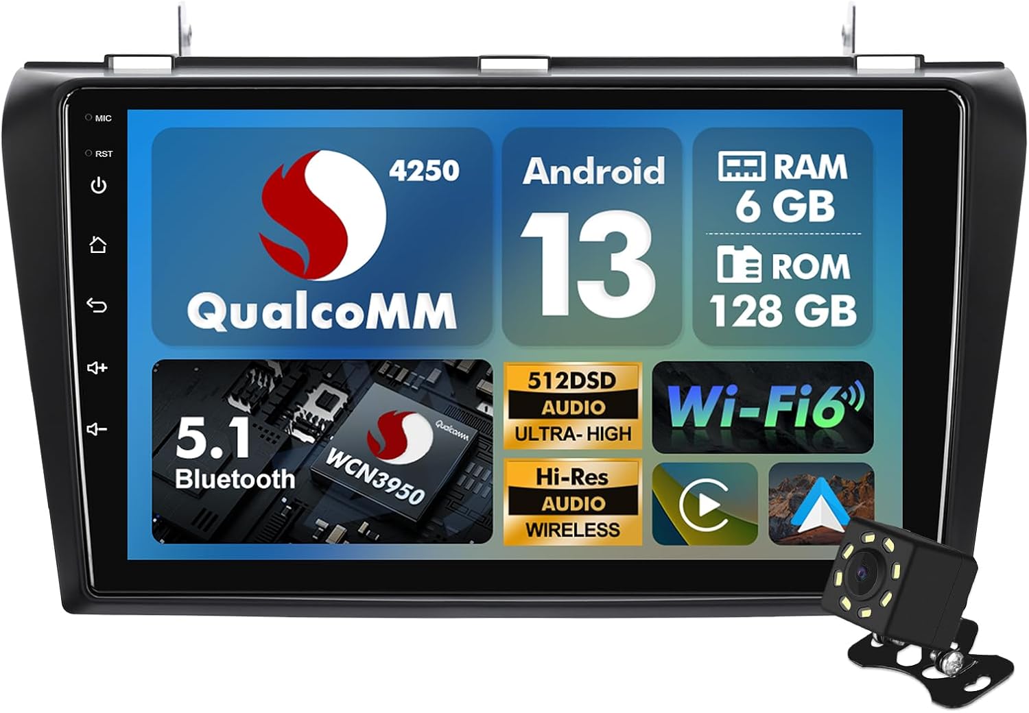 Android 10 Double Din Car Stereo for Mazda 3 2004-2009 with 9 Inch Touchscreen Radio Built-in Wireless Carplay/Android Auto/GPS/Bluetooth/FM/AUX-in/Steering Wheel Control Backup Camera 2+32G