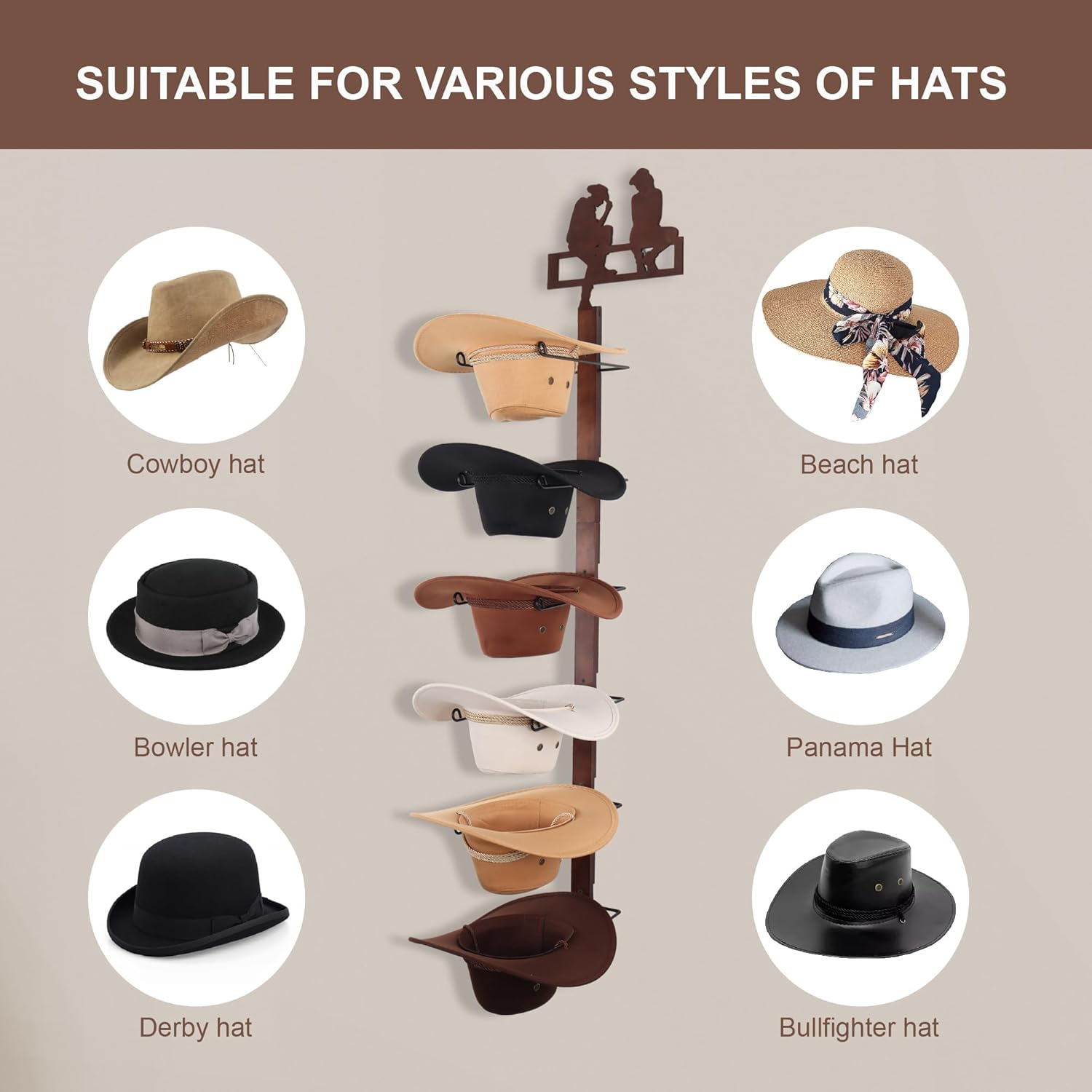 Cowboy Hat Rack Holder for Wall - Wild Western Style Design Hat Organizer with 6 Hat Hooks for Wall Mount, Hat Stand and Hanger for Storage and Organization , Gifts for Men Dad Christmas(Cowboy Lover)