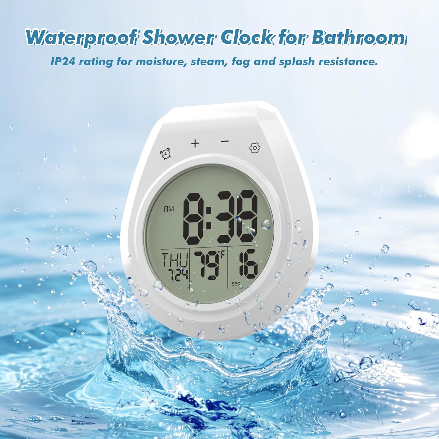 Shower Clock with Timer Waterproof, Digital Bathroom Clock with Countdown, Temperature, Date, Week, Second, Suction Cup, Wall Hanging, for Mirror, Pool, Bath, Kitchen, Battery Operated, White