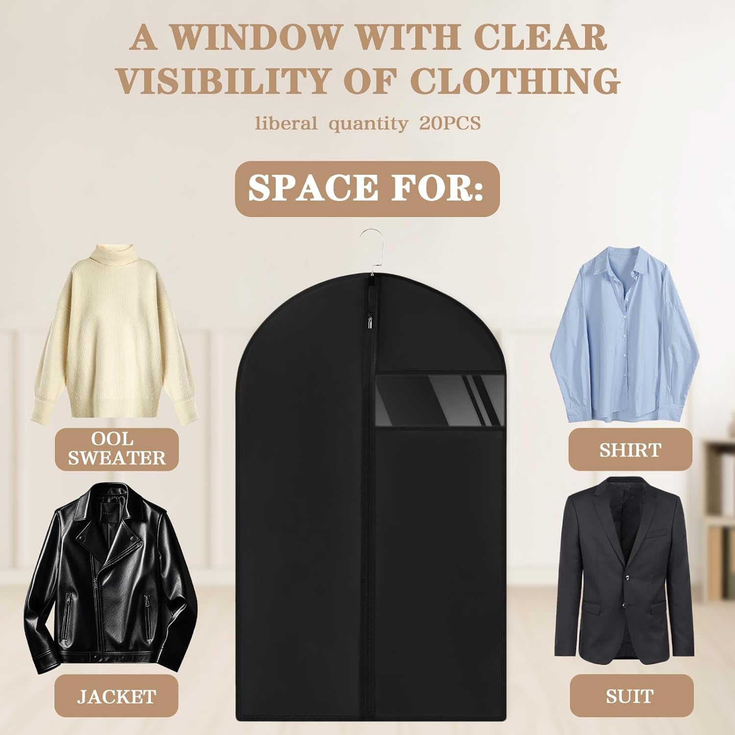 20 Pack Garment Bags for Hanging Clothes,Suit Bags For Closet Storage and Travel with Clear Window 40-inch Suit Garment Bag for Men Women Skirt Shirt Coat,Black - Image 7