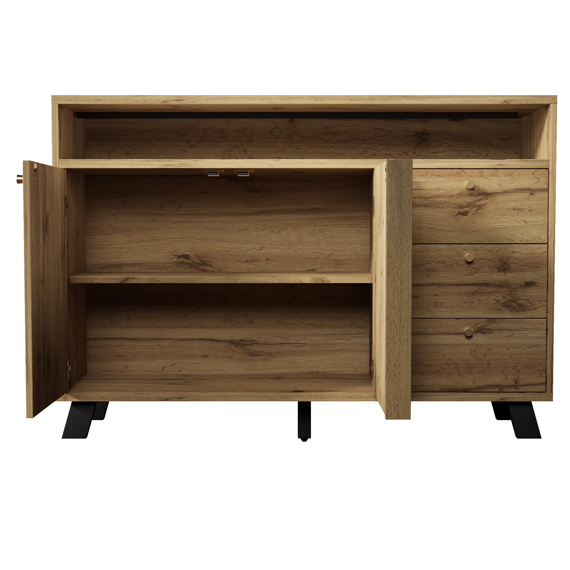 Aparador de 120 x 40 x 85 cm con 3 cajones y 2 puertas, armario de almacenamiento con compartimento abierto y frente de láminas en estilo vintage para salón, comedor, pasillo y entrada en roble oscuro