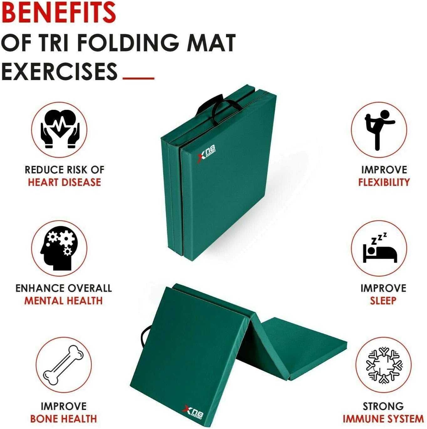XN8 Tri-Fold Folding 2.4" Thick Exercise Mat with Carrying Handles For MMA Gymnastics Home Gym Stretching Core Workouts