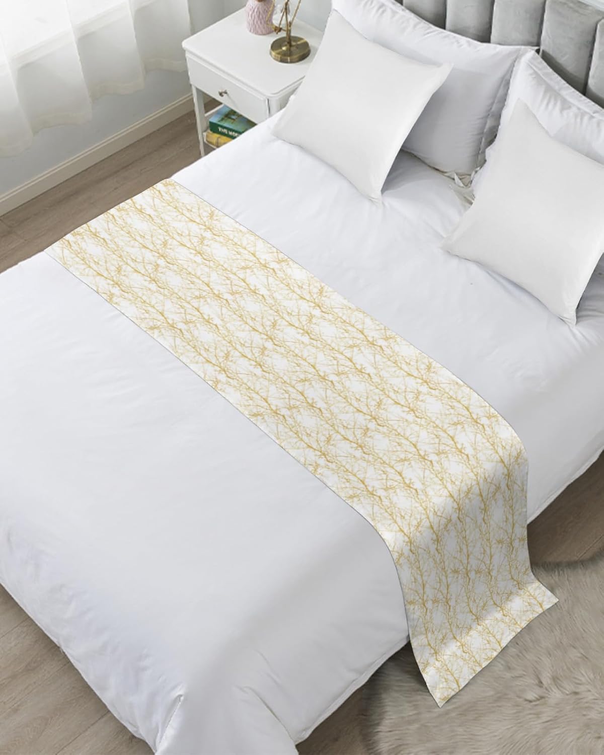 Bed Scarves, Plant Branches Simple Gold,No Sliding Durable Bed Runners Decorative Bed Covers for Bedroom,Guest Room,Hotel Room, Twin 71"x20"