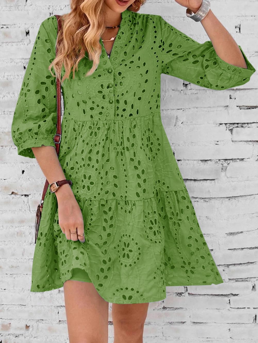 utcoco Women's 2025 Eyelet Lace Midi Dress V Neck Puff 3/4 Sleeve Button Tiered Sexy A Line Sun Dress - Image 2