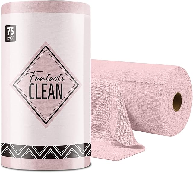 Fantasticlean Microfiber Cleaning Cloths 75 PCS per Roll, Tear Away Towels, Reusable and Washable Cloth Duster for House, Kitchen, Car, 30x30cm (Pink)