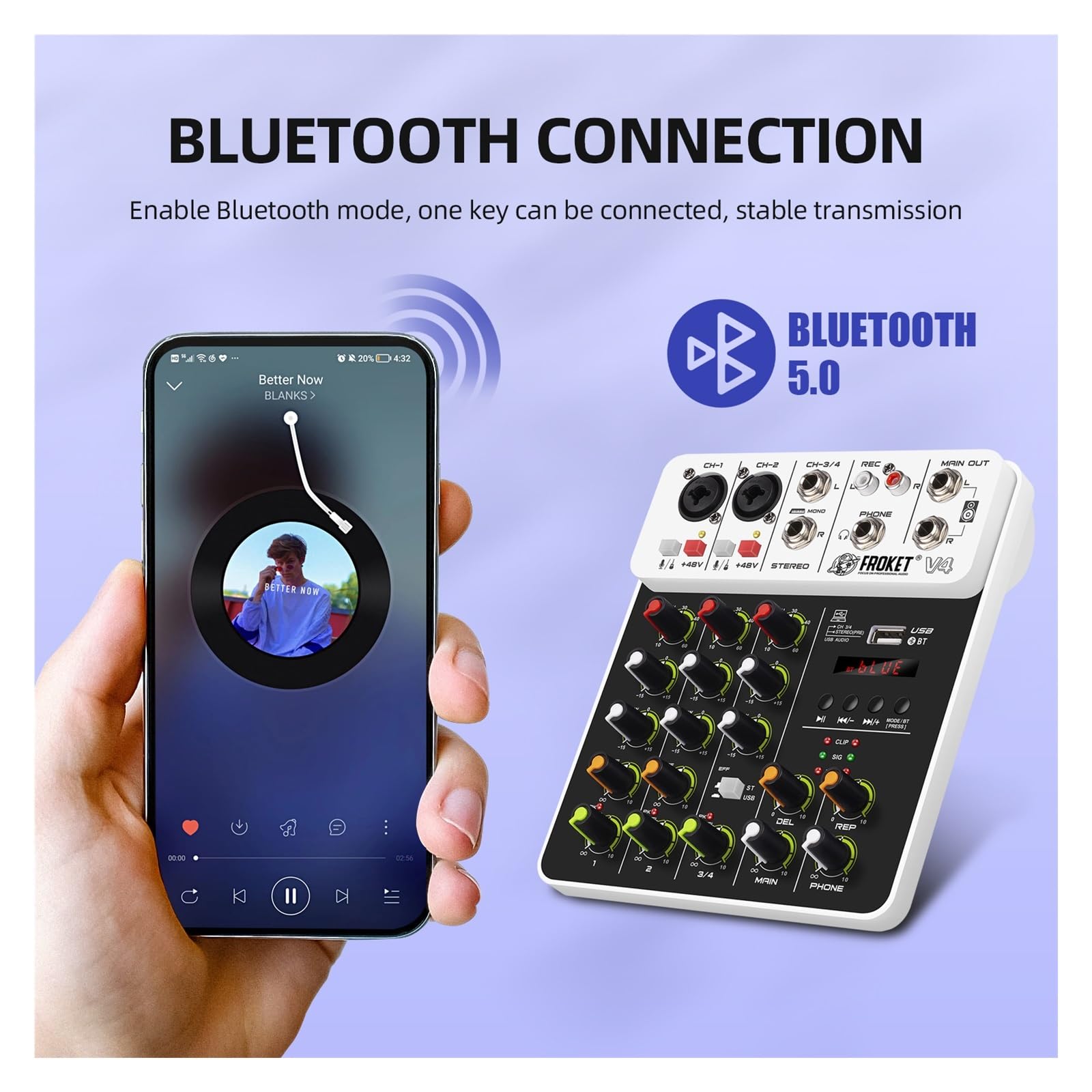 Mikser DJ-ski, V4 Mikser DJ Kontroler Miksowanie Bluetooth Phantom Power Delay Repaeat Efekt Do Miksowania Dźwięku Konsola Nagrywanie PC(V4)