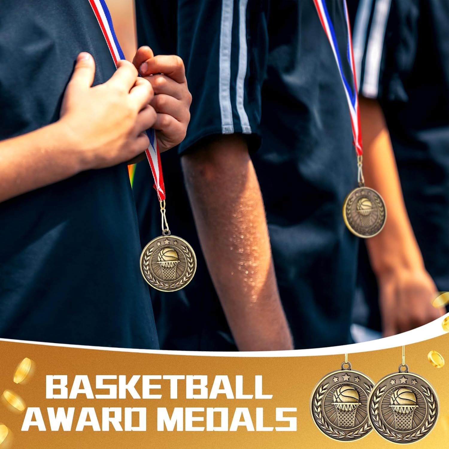 60 Pcs Sports Award Medals Bulk 2 Inch Bronze Trophies with Neck Ribbons Football Basketball Baseball Soccer Cheerlead Winner Medal for Team Gift Sport Party Games Prize Supply
