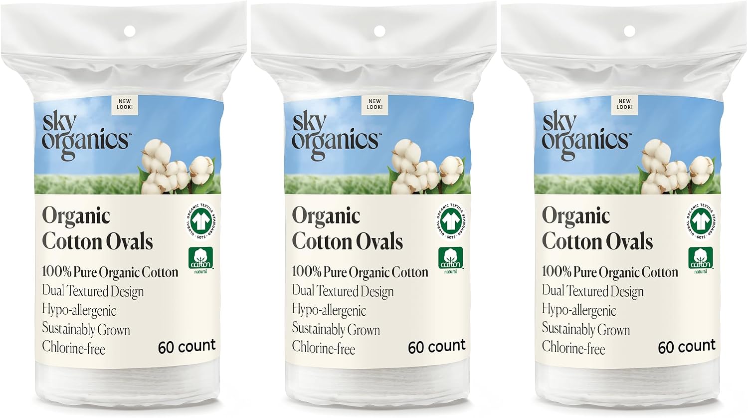 Sky Organics Organic Cotton Large Pads for Makeup Removal, Cleansing, Toner Application, 100% Pure Organic Cotton, GOTS Certified, Dual Textured Design, 180 Count