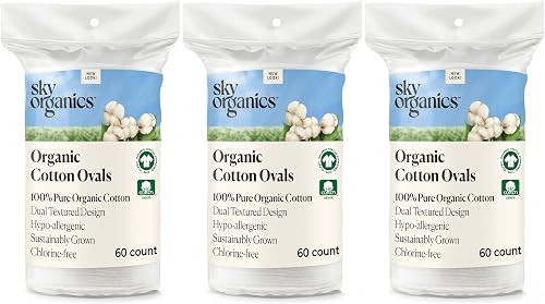 Sky Organics Organic Cotton Large Pads for Makeup Removal, Cleansing, Toner Application, 100% Pure Organic Cotton, GOTS Certified, Dual Textured Design, 180 Count