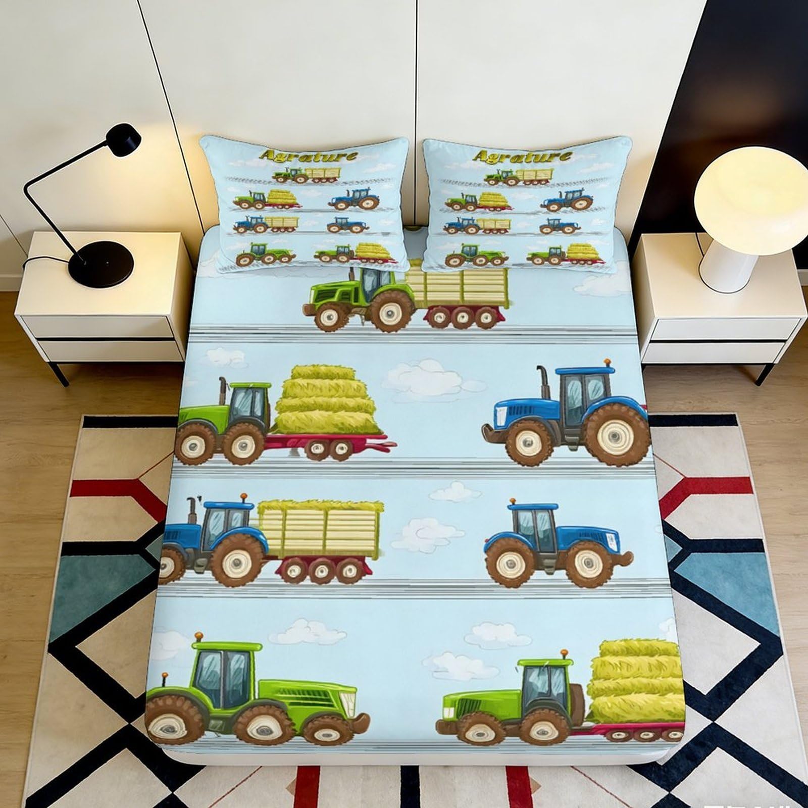 3D Printed Cartoon Tractor Fitted Sheet Microfiber Soft Non-Slip Farm Vehicles Bed Cover for Bedroom Guestroom 90x200x25cm