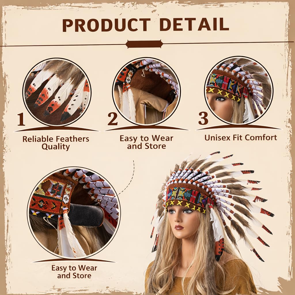 Tocado de plumas de jefe indio de 21.6 x 15.75 pulgadas para disfraz de Halloween, espectáculo de baile, fiesta de disfraces