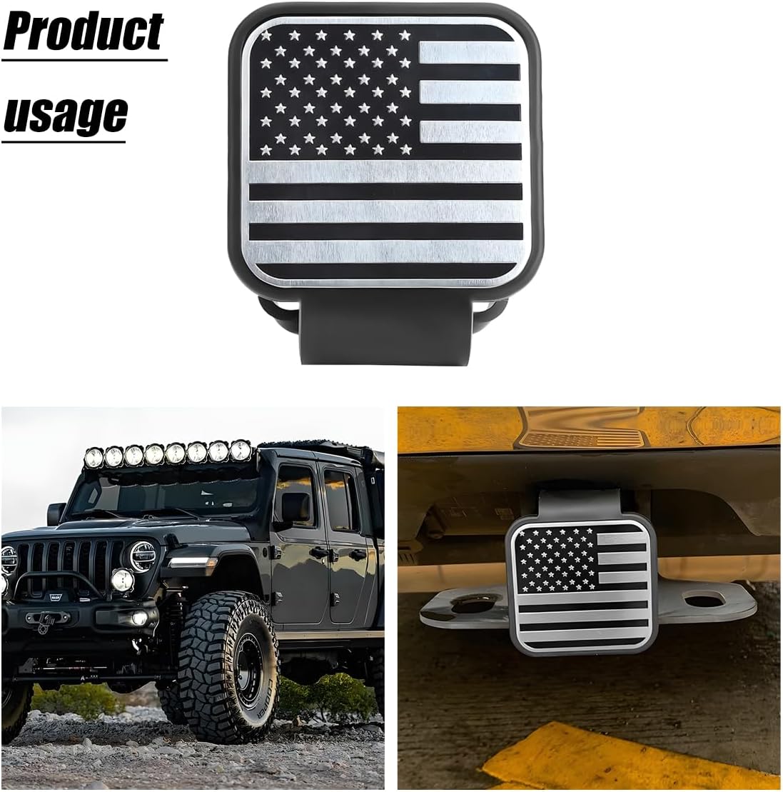 Trailer Hitch Cover for 2" Receiver, Rubber American Flag Tow Hitch Cover Tube Plug Insert, Patriotic Emblem Automotive Exterior Accessories, Universal for Trucks SUVs RVs (Silver)