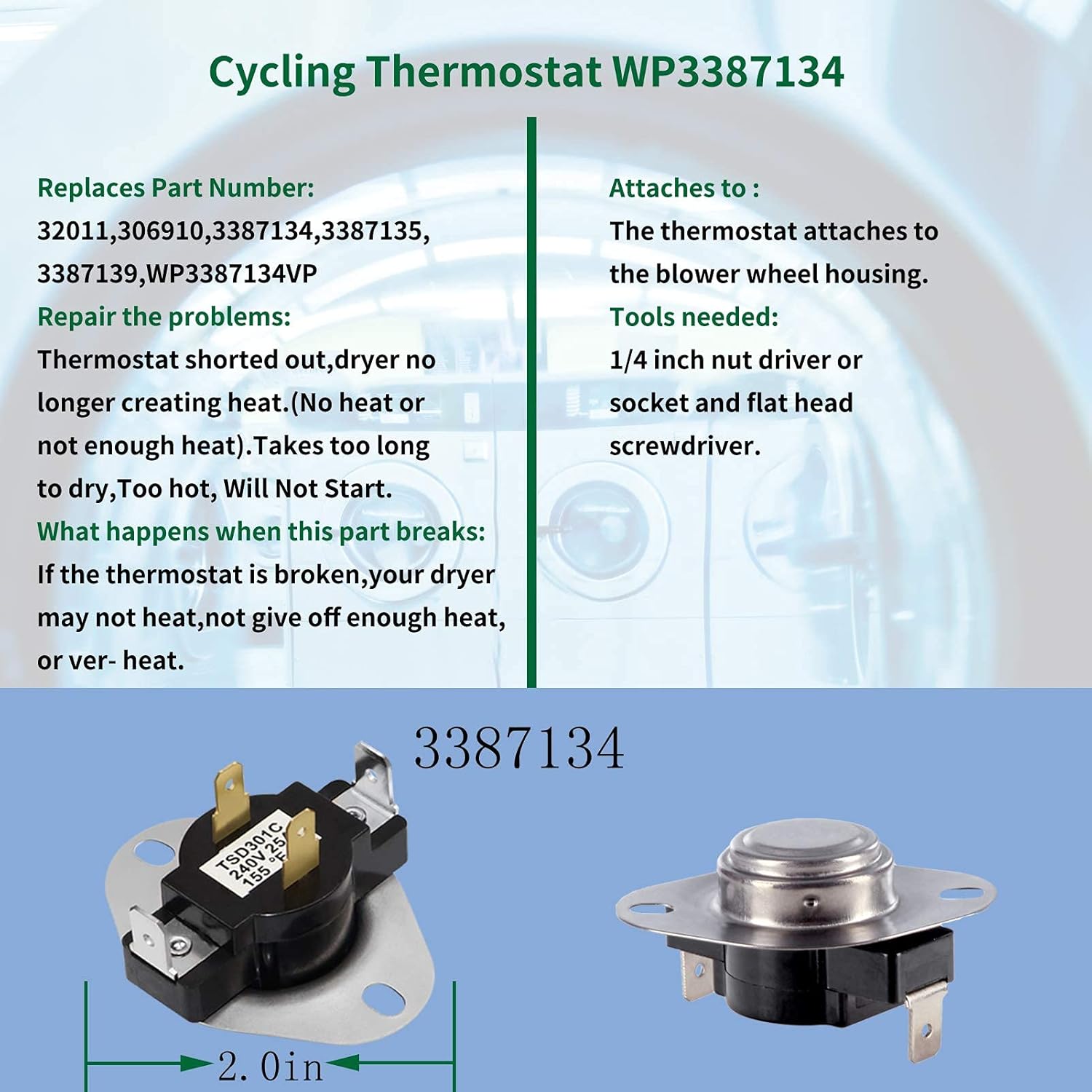 279838 Dryer Heating Element 3977767 Dryer Heating Element Kit 3387134 Dryer Thermostat & 3977393 Thermal Fuse Compatible Fit For Whirlpool & Kenmore & maytag dryer heating element
