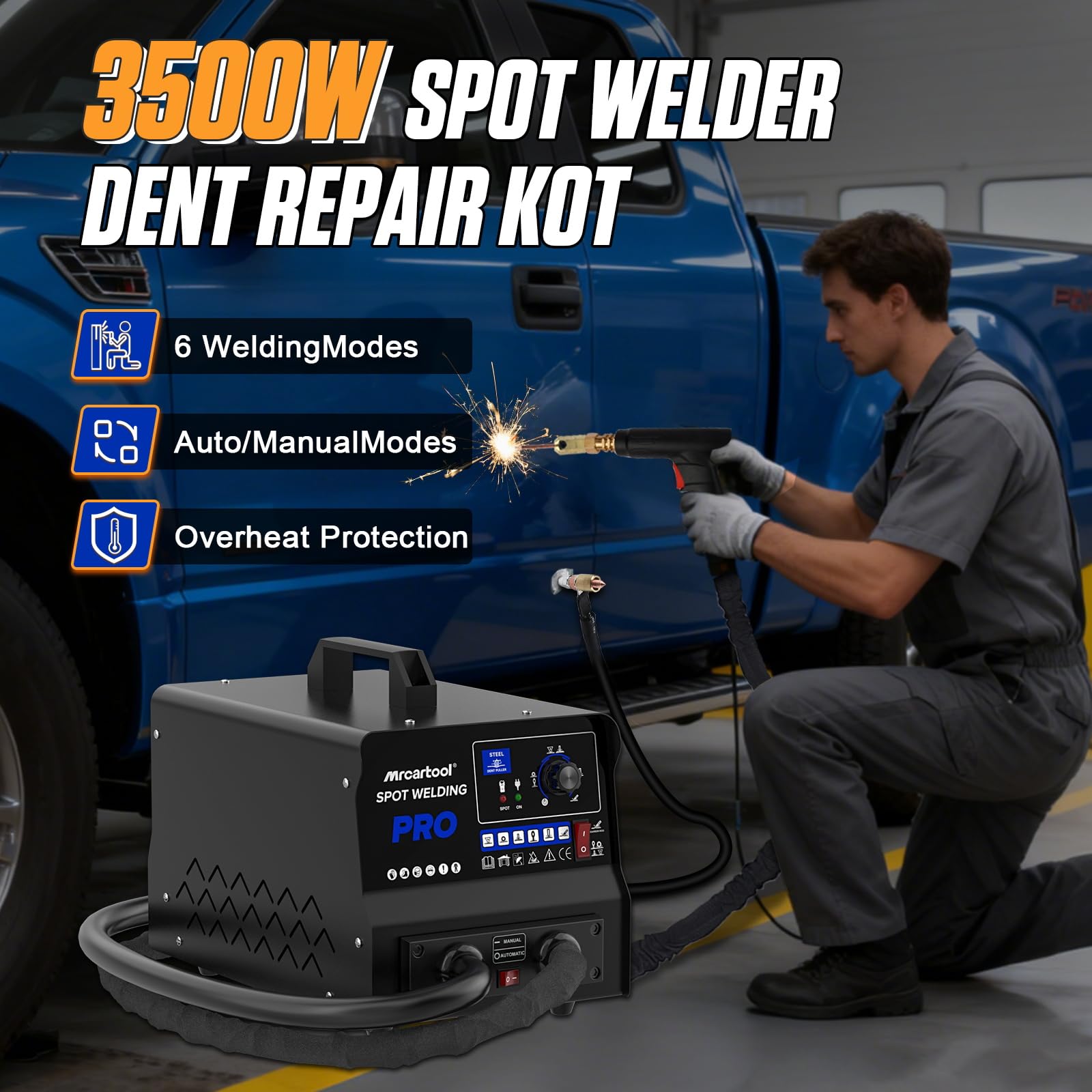 3500W outil de debosselage carrosserie sans rayure, tire clou carrosserie auto/manuel à 6 modes, protection contre la surchauffe, adapté aux bosses de tailles variées et divers tôles de carrosserie