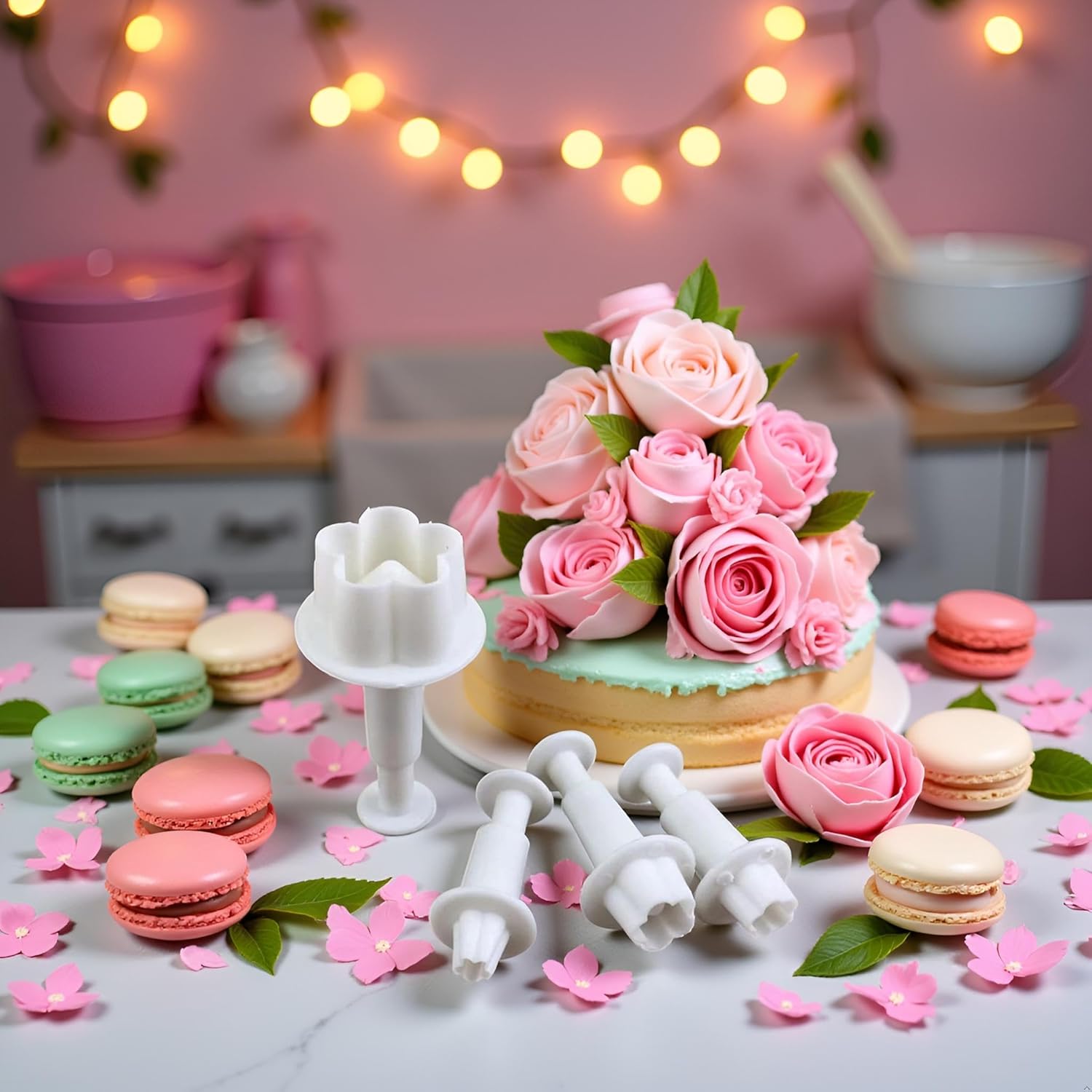 4Pcs White Flower Plunger Cookie Cutter DIY Blossom Flower Cake Fondant Mold Plastic Cake Decorating Tools Baking Accessories Cookie Cutters For Baking Plastic, Dessert and Candy Sculpting Tools - Image 2