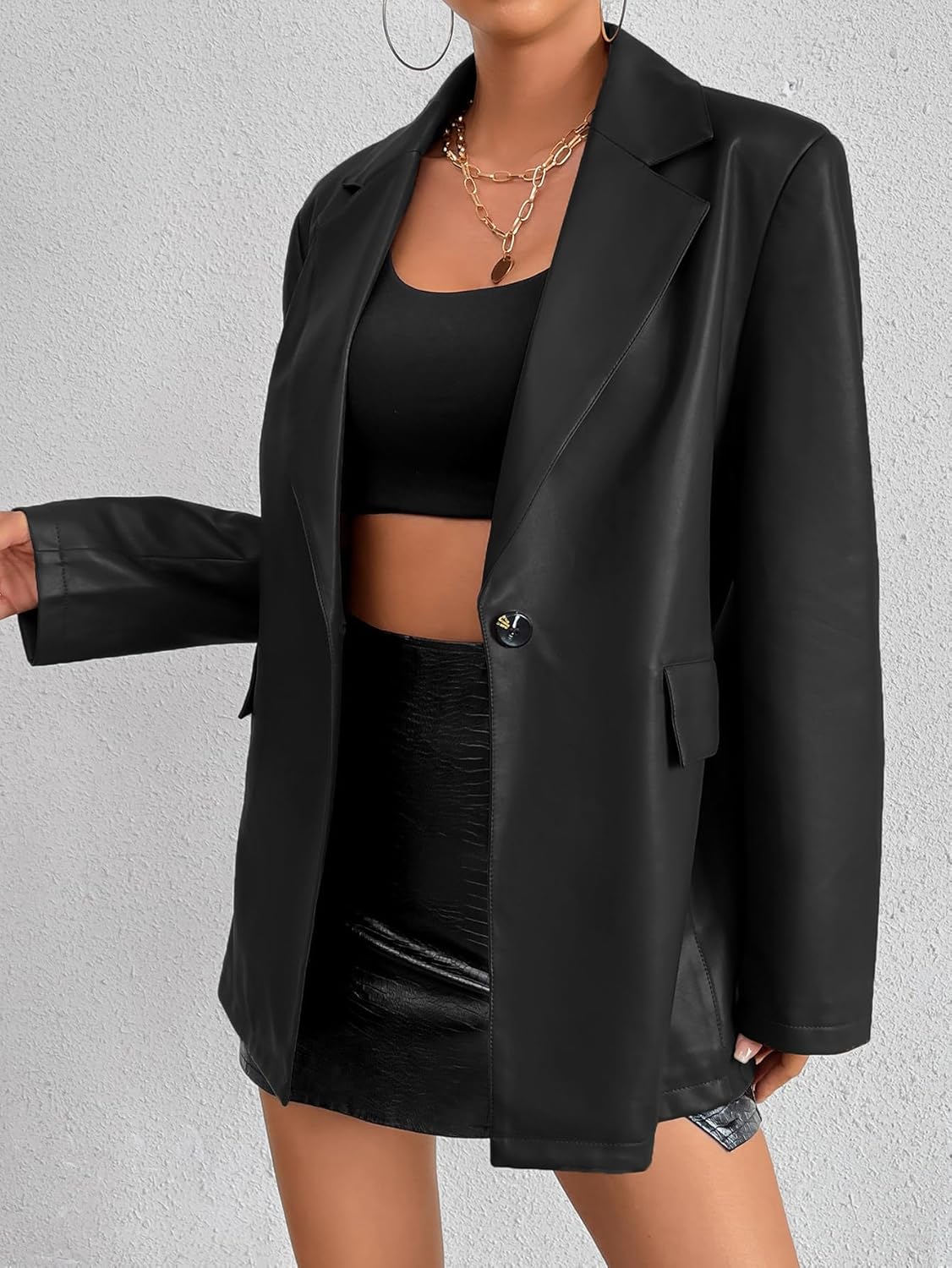 Muzly Womens Faux Leather Blazer Jacket Moto Biker Coat Long Sleeves Button Fashion Coats - Image 2