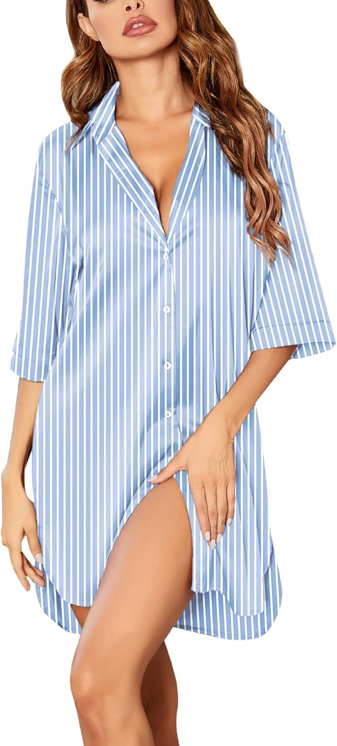 Ekouaer Women's Satin Nightshirt Button Down Sleepshirt Silk 3/4 Sleeve Nightgown Boyfriend Notch Collar Sleepwear S-3XL