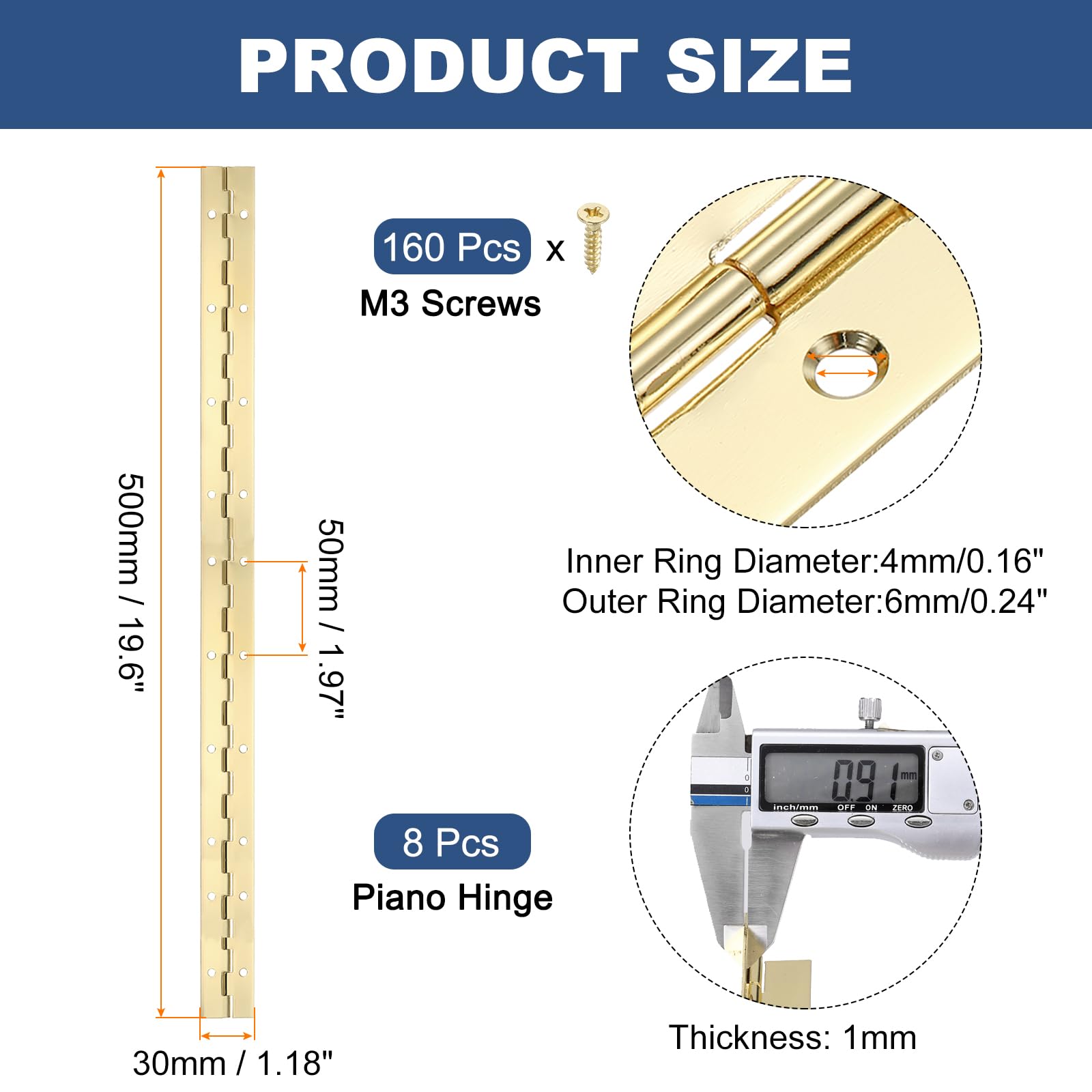PATIKIL 20x1.2 Inch Piano Hinge,8 Pcs 304 Stainless Steel Continuous Hinge with Holes for Piano Gate Door Wooden Storage Box Cabinet Boat,Gold