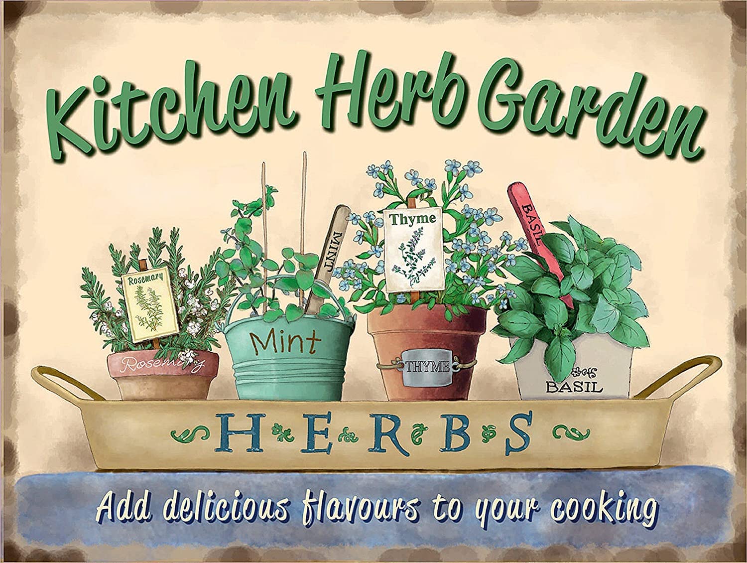 The Kitchen Herb Garden - Retro Vintage Metal Sign, Plaque, Decorative Wall Art, 2 Sizes (A5, 15 x 20cm)