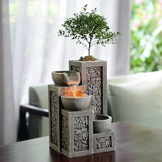 Kalona 3-Tier Indoor Tabletop Water Fountain with LED Lights, Mini Bonsai Planter & Cascading Waterfall - Soothing Desk Decor for Home Office Meditation