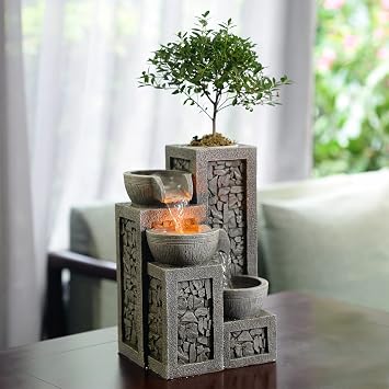 Kalona Indoor Tabletop Water Fountain 3-Tier Resin Waterfall with LED Lights, Mini Bonsai Planter & Cascading Water Flow Soothing Desk Fountain for Home, Office, Meditation Decor22024
