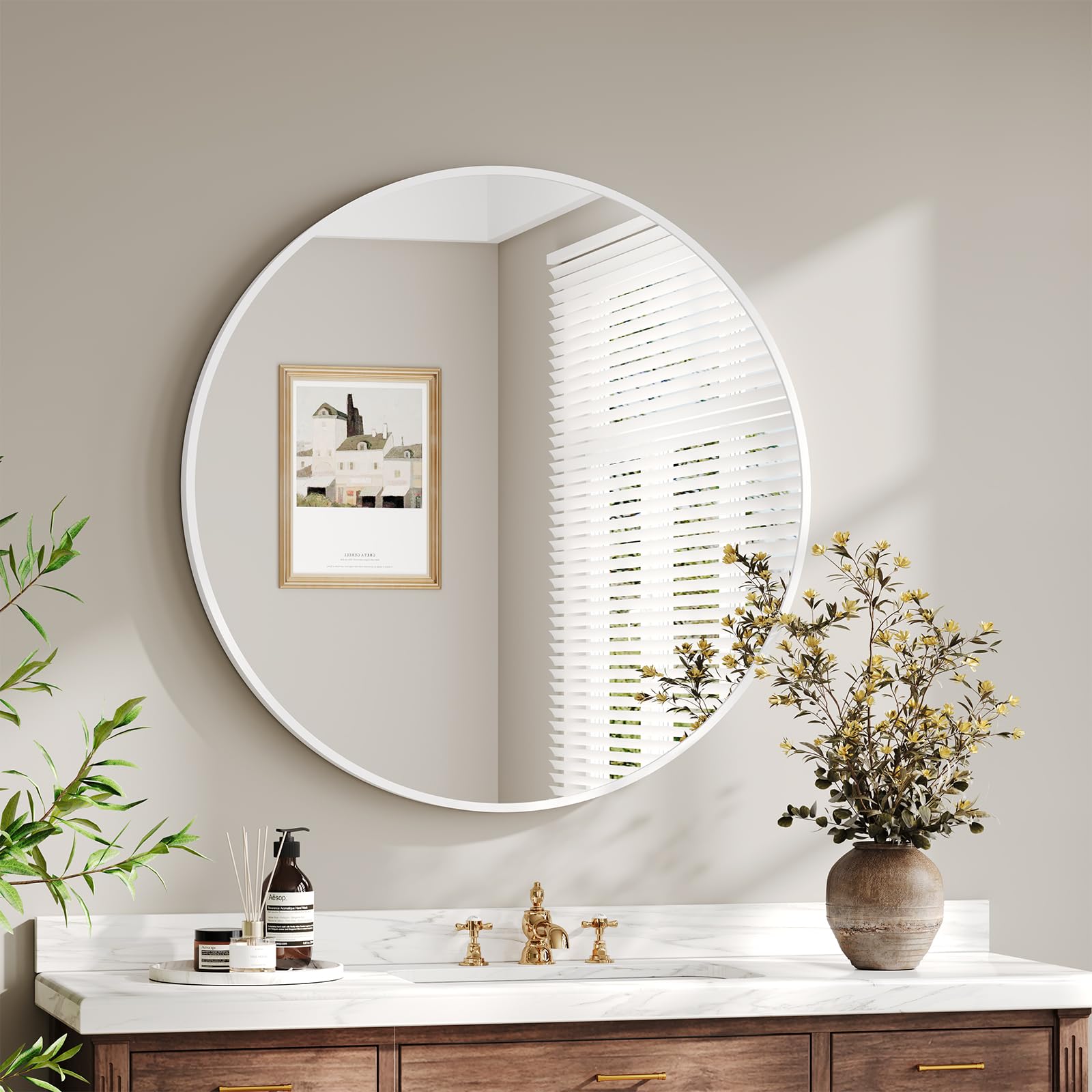 Dripex 60cm Round Mirror, Circle Hanging Wall Mirror - Home Decorative Wall Mounted Vanity Mirror for Bathroom, Dressing Room & Living Room, White