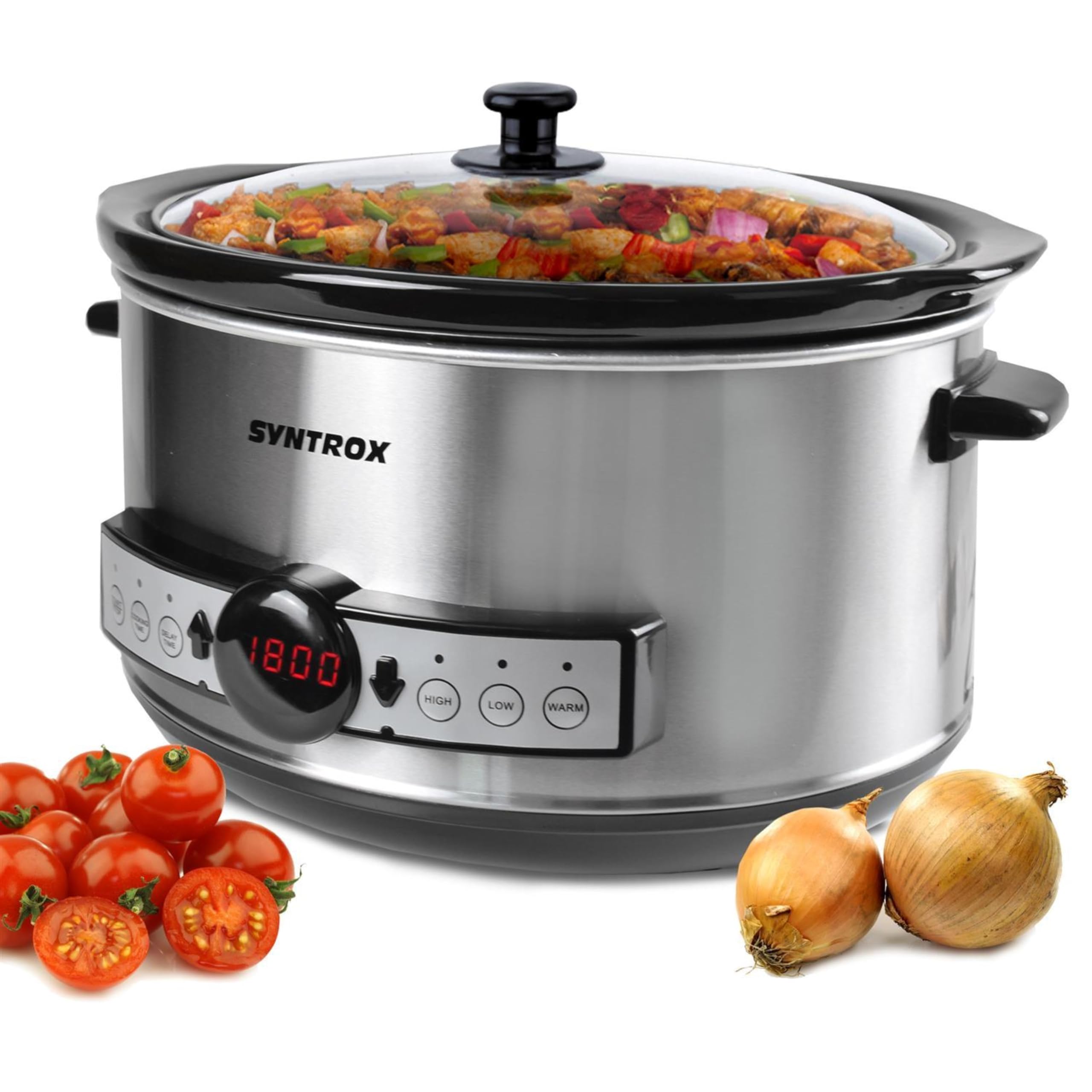Syntrox Germany 4,5 l Slow Cooker | Schmortopf | Schongarer | Multikocher Snittai, Edelstahl Küchengerät, mit Glasdeckel, Praktisches Küchenzubehör, 280 Watt