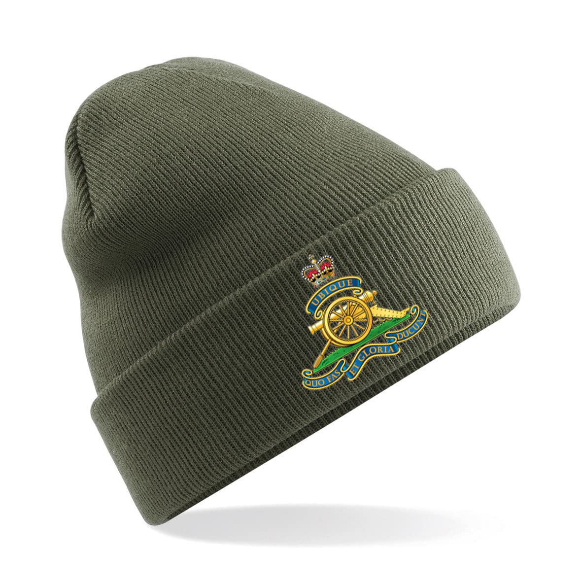PSave Royal Artillery Insignia Mens Premium Embroidered Beanie Hat, Bob Hat British Army Military (Military Green)