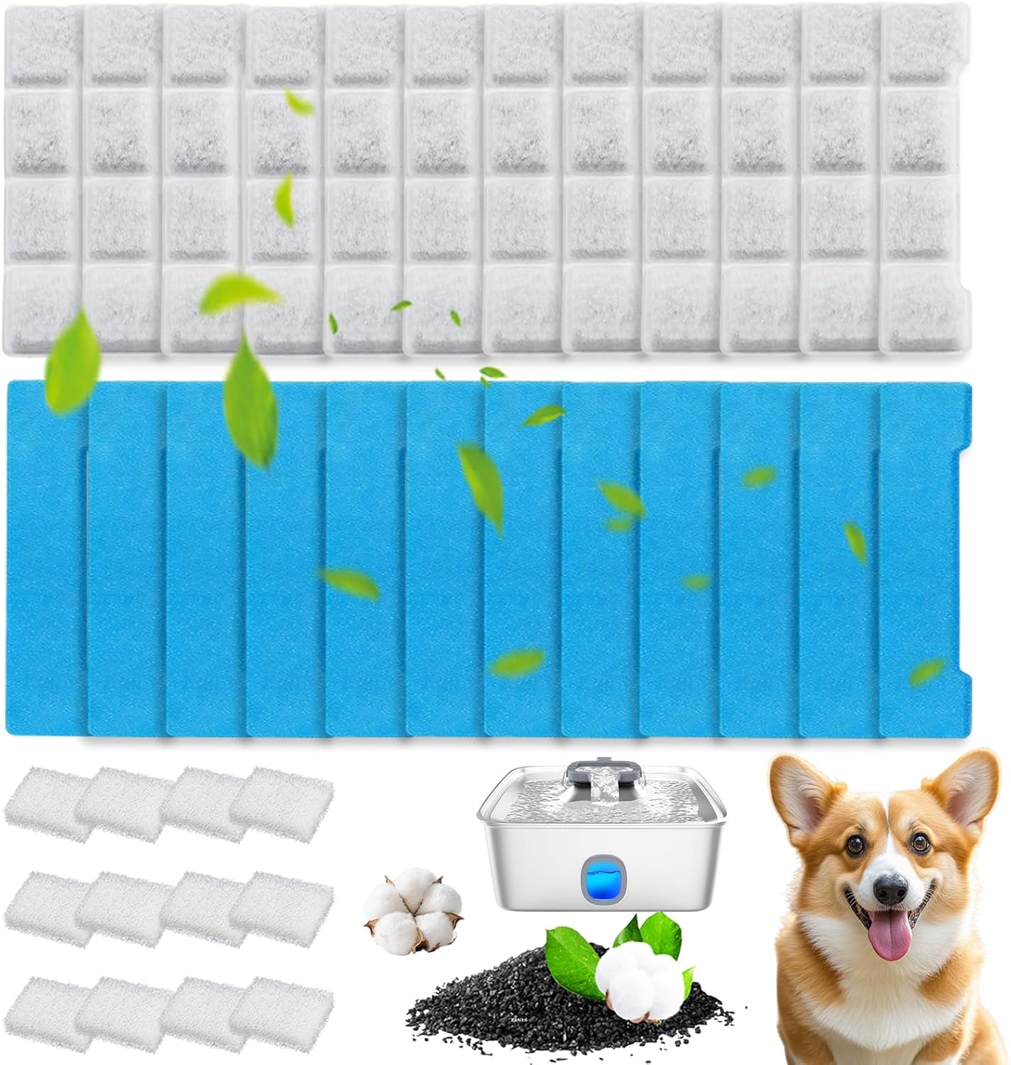 16-Pack Dog Water Fountain Filter Replacement - Compatible with SIBAYS & Kastty 15L/4Gal Pet Water Dispensers, Complete Set with 16 Filters + 16 Pre-Filters + 16 Pump Sponges (Model: L05)