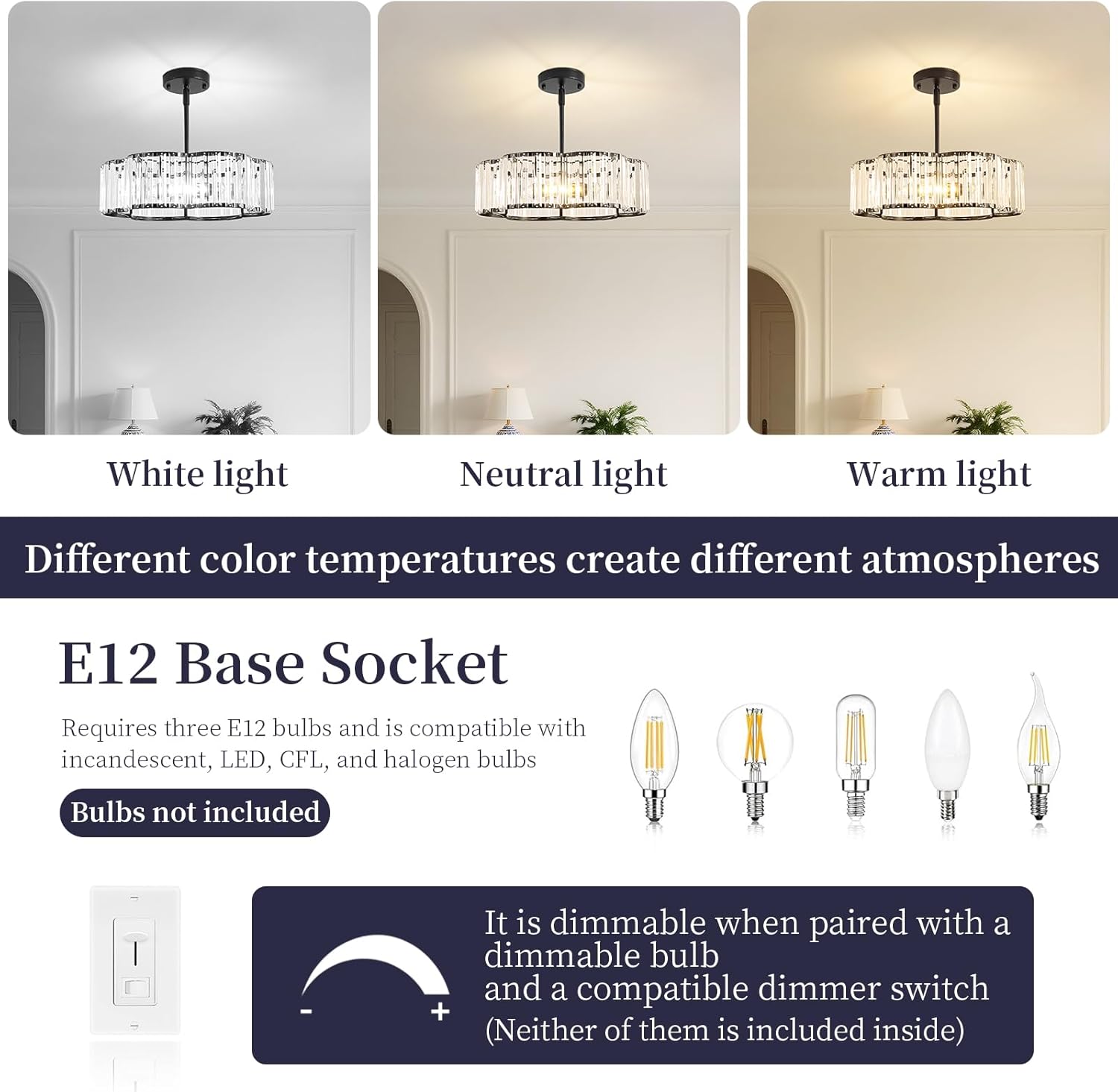 3-Light Black Crystal Chandelier for Dining Room,Modern Semi Flush Mount Ceiling Lighting Fixtures,Round Kitchen Hanging Drum Pendant Lights for Living Room Bedroom Foyer， 16 Inch