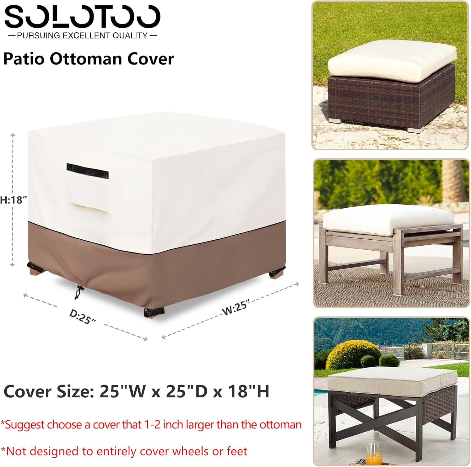 Patio Ottoman Cover Waterproof Heavy Duty Square Outdoor Ottoman Covers, 25W x 25D x 18H Inches Patio Furniture Covering Protector Outdoor Side Table Cover (Beige)