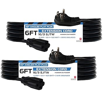 Iron Forge 6 ft Flat Extension Cord 2 Pack, 6 Foot Low Profile Extension Cord with 45 Angled Flat Plug, 16AWG Black Indoor Extension Cord, 3 Prong Grounding Plug, SJT, US Veteran Owned